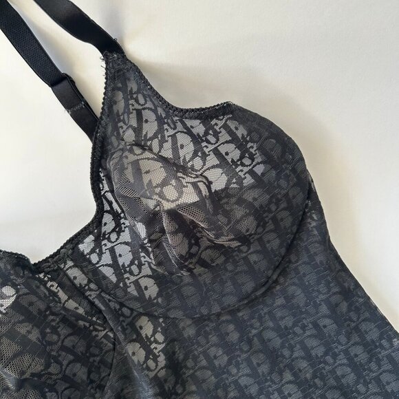 VINTAGE 80'S CHRISTIAN DIOR MESH MONOGRAM BLACK BODY SUIT - Picture 4 of 8